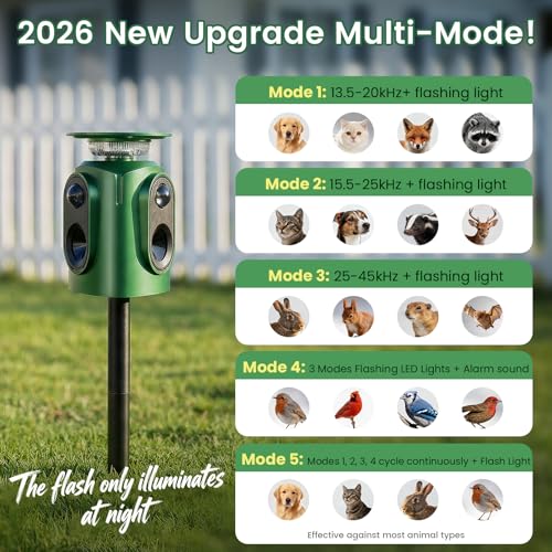 360° Solar Ultrasonic Animal Repellent Outdoor, Deer Repellent Devices, IP65 Waterproof Cat Deterrent for Yard, Effective Repel Squirrel, Rabbit, Dog - Green