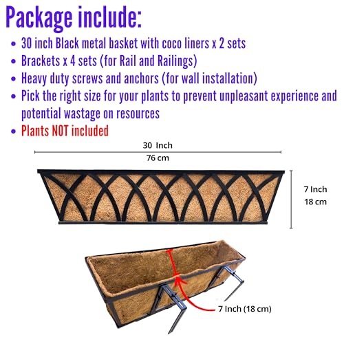 LaLaGreen Deck Railing Planter Boxes (30 Inch, 2 Pack) Wall Hanging Planters for Outdoor Plants, Black Metal Rectangular Window Flower Box with Coco Liner, Horse Trough Rail Fence Porch Patio Decor - size: 30" (76cm) x 2 pack