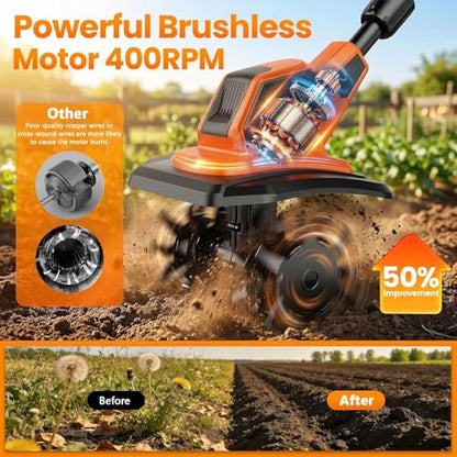 20V Cordlees Tiller Cultivator for Gardening, 400RPM Brushless Electric Garden Tiller Battery Powered((2*3.0Ah Battery&Charger), 9.5"Width 7"Depth, Garden Rototiller for Yard/Lawn/Soil Tiller (Orange)