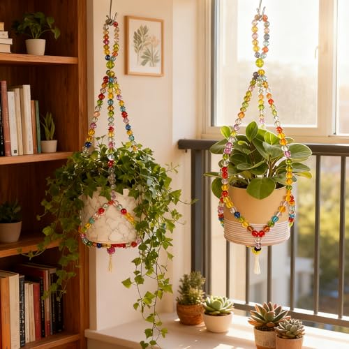 2 Pack Macrame Plant Hangers with 2 Hooks, 17.9inch/16.7inch Bead Hanging Planter for Indoor Outdoor Bohemian Home Garden Decor