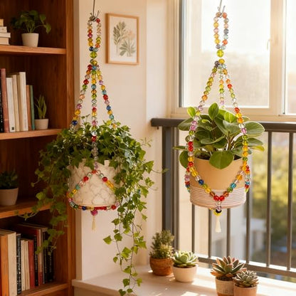 2 Pack Macrame Plant Hangers with 2 Hooks, 17.9inch/16.7inch Bead Hanging Planter for Indoor Outdoor Bohemian Home Garden Decor