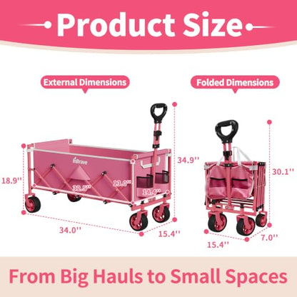 34" Extra Long Collapsible Wagon Cart, 360LBS Capacity, Pink - color: Pink