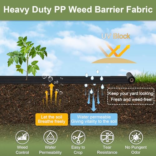 KANAGAWA 4ft x 50ft Weed Barrier Fabric, 6oz Heavy-Duty Woven Landscape Fabric with Staples, Breathable Weed Control for Garden Beds, Driveways, Farming & Landscaping - size: 6oz-4x50ft