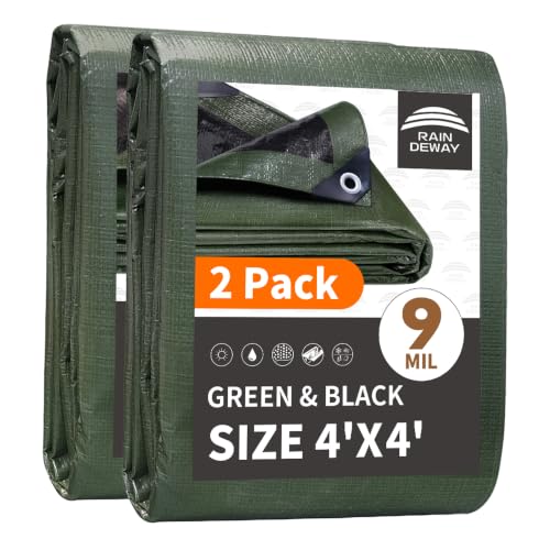 RAINDEWAY Small Tarps 4x4 Feet(2 Pack),9Mil Green/Black Tarp Waterproof - color: Green/Black, size: 4x4 Feet (2 Pack)-Finished size