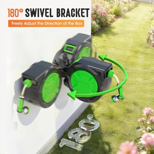 Retractable Garden Hose Reel 1/2" x 100ft, Wall Mounted Water Hose Reel with Auto Rewind, Any Length Lock, 180° Swivel Bracket & 9-Pattern Spray Nozzle, Heavy Duty Outdoor Hose Storage for Garden - color: Green