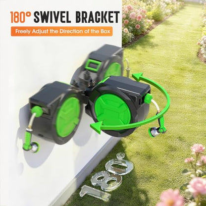 Retractable Garden Hose Reel 1/2" x 100ft, Wall Mounted Water Hose Reel with Auto Rewind, Any Length Lock, 180° Swivel Bracket & 9-Pattern Spray Nozzle, Heavy Duty Outdoor Hose Storage for Garden - color: Green