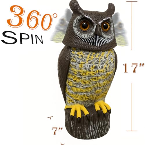GIFTEXPRESS 1Pcs Solar Power Owl Decoy – 17" Motion Sensor Pest Repellent with Rotating Head, LED Eyes & Sound – Fake Horned Owl for Garden, Yard, Balcony, Farm, Patio, Roof, Lawn- Life Size