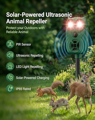 2 Pack Solar Ultrasonic Animal Repeller with Motion Sensor, Deer Repellent Devices with LED Light, Waterproof Cat Repellent Outdoor, Dog Deterrent for Yard Garden to Repel Raccoon, Squirrel, Fox