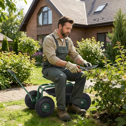 Rolling Garden Cart with Seat, Garden Workseat with 360-Degree Swivel - color: Green
