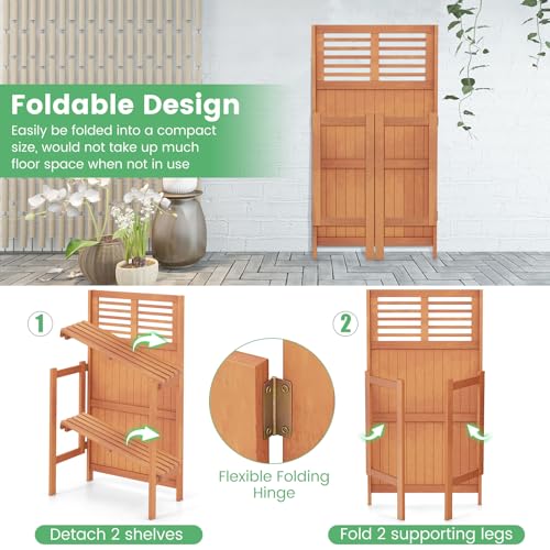 Garden Potting Bench Table, Folding Potting Bench Outdoor Workstation with Trellis & 2-Tier Shelves, Wood Potting Table for Outdoor, Deck, Balcony, Garden, Backyard