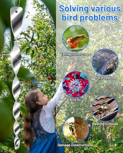 24Pcs Bird Reflective Scare Rods, Plastic Deterrent Devices for Outside Patio, House, Garden, Window to Keep Woodpecker Pigeon Away, Silver Hanging Wind Spinners Outdoor Decor