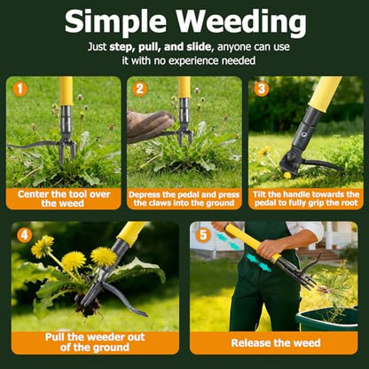 Weed Puller Tool Stand Up with Slide-Release Ejection, Reinforced Steel Weeder with 3-Section Long Handle, No-Touch Cleaning for Lawn & Garden, Heavy Duty No Bend Weeding Tool for Dandelions, Thistles