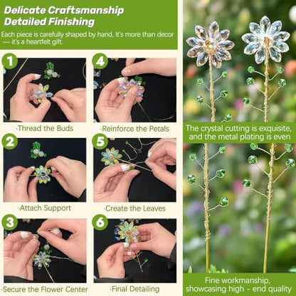 3Pcs Crystal Sunflower Suncatchers with 13'' Gold Trellis Metal Plant Stake - color: Clear, Green, Pink