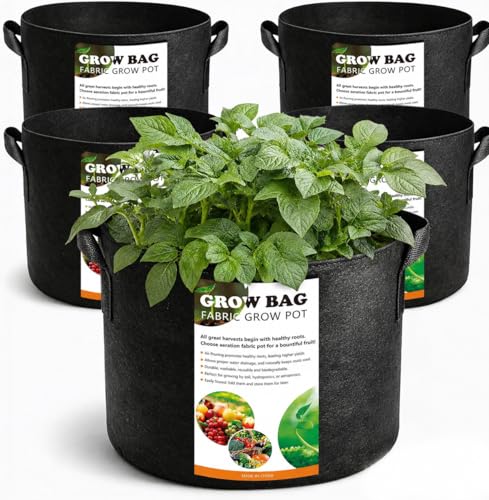 5 Pack 3 Gallon Fabric Grow Bags, Heavy Duty 300G Thickened Aeration Nonwoven Fabric Garden Pots with Handles, Planting Bag for Tomato, Potato, Strawberry, Vegetable, Fruits and Flowers - size: 3 Gallon