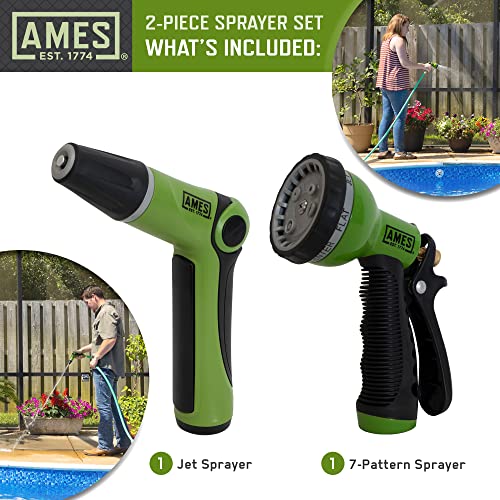 AMES (2) Piece Water Sprayer Set with (1) Jet Hose Nozzle and (1) 7-Pattern Spray, High Pressure, Heavy Duty, Adjustable, Soft Grip, For Lawn and Garden, Green/Black - style: Sprayer Set
