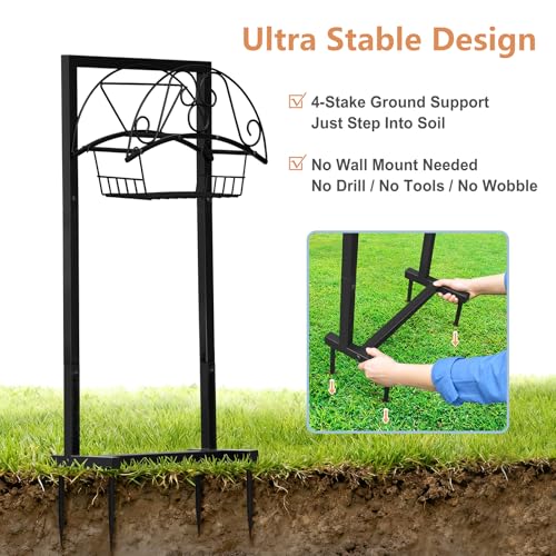 Skypatio Garden Hose Holder with Basket, Metal Water Hose Holder Holds 150ft Hose, Freestanding Hose Storage Stand with 4 Stakes, Rust-Resistant Heavy Duty Hose Hanger for Outside