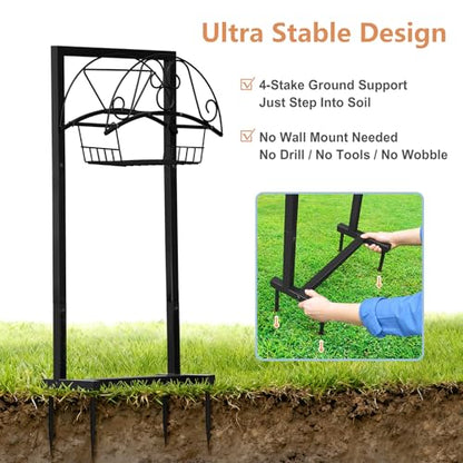 Skypatio Garden Hose Holder with Basket, Metal Water Hose Holder Holds 150ft Hose, Freestanding Hose Storage Stand with 4 Stakes, Rust-Resistant Heavy Duty Hose Hanger for Outside