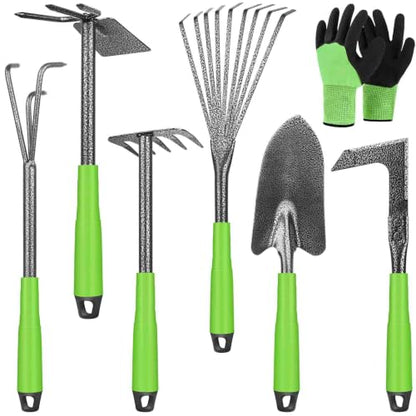 Gardening Tools Garden Tool Set 7 Pack with Ergonomic Non-Slip Handle, Includes Trowel, Hand Weeder, Hand Hoe, Small Rake, Heavy Duty Gardening Kit Garden Tools for Women Gardening Gifts for Birthday