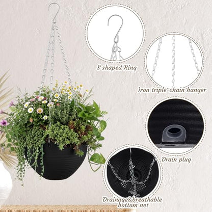 Zopeal 16 Pack Self Watering Hanging Planters 8 Inch Garden Flower Plant Pot Container with Drainer and Chain Round Hanging Pot Plant Basket for Indoor Outdoor Plants (Black) - color: Black
