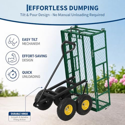 Steel Garden Dump Cart, 900LBS Garden Wagon with Removable Sides - color: Green