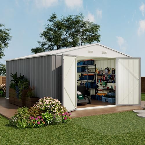 Devoko 10x14 FT Outdoor Storage Shed, Gray - color: Gray, size: 10x14 FT