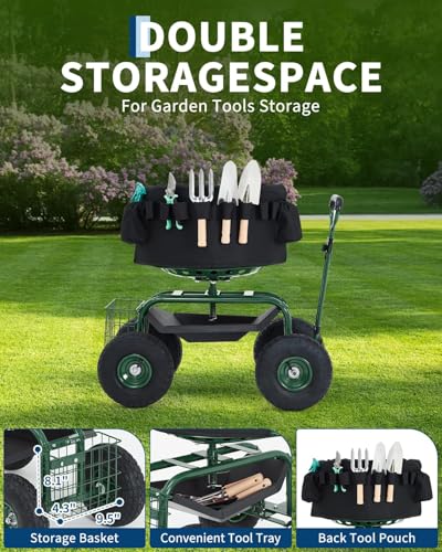 Garvee Heavy Duty Garden Cart, Garden Scooter Rolling Work Seat - color: Green With Back