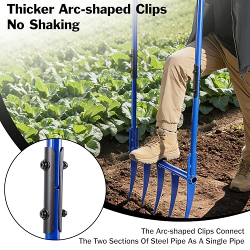 56'' Heavy Duty Broadfork for All the Soils, Detachable Design Pitchfork, 5 Sharp and Cambered 11'' Tines Bord Fork Garden Tool, Ergonomic Handles, Good Package, Easy Assembly, Blue.