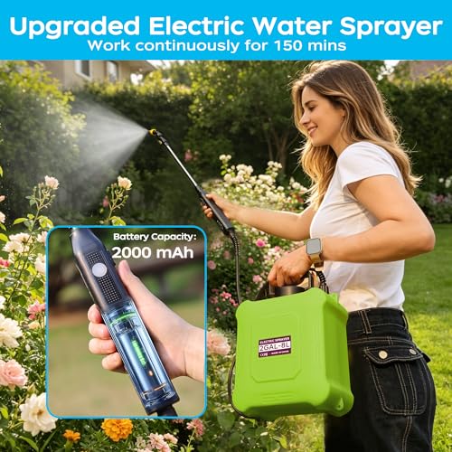 Battery Powered Garden Sprayer 2 Gallon with 2 Pressure Mode, 6 Spray Nozzles, Rechargeable Weed Sprayer Telescopic Wand, Adjustable Strap for Lawn Garden, Blue (Green) - color: Green