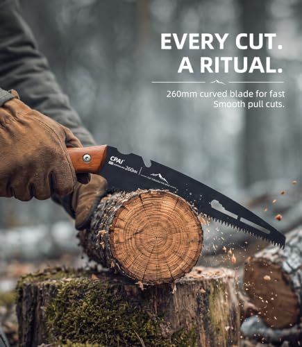 S53 Curved Pruning Saw, 10-Inch SK85 Steel Hand Saw with Triple-Ground Teeth, Rosewood Handle, Protective Leather Sheath and Fire Starter for Tree Trimming, Camping, Gardening, Bushcraft