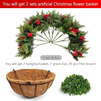 2 Set Christmas Hanging Baskets, Winter Hanging Baskets for Outdoors - color: Cedar