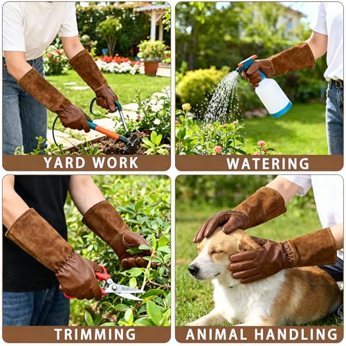 Leather Gardening Gloves for Women Men, Long Rose Pruning Glove Thorn Proof Cactus Gauntlet for Yard (Brown, Small) - size: Small