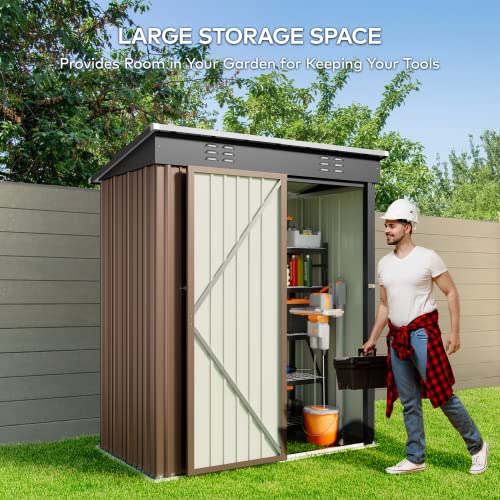 Gizoon 5x3 FT Outdoor Shed, Galvanized Metal Shed Lockable Door, Brown - color: Brown, size: 5' x 3' FT/Sloped-roof