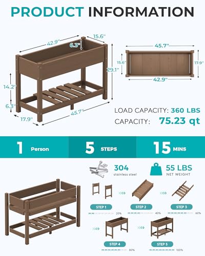 SERWALL Raised Garden Bed with Legs-Brown - color: Brown, size: 1 pack