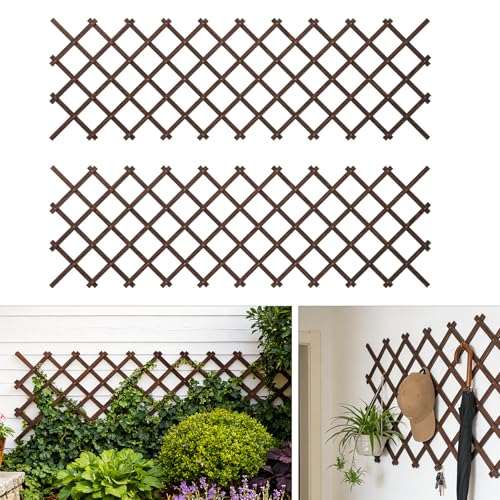 Expandable Wooden Lattice Panels Outdoor Garden Fence Trellis for Climbing Plants Roses Vines Cucumbers Weather Resistant Decorative Wood Privacy Fence (2, 38''x 89'') - color: Brown-2PC, size: 38''x 89''