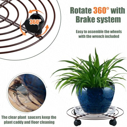 6 Packs Large Metal Plant Caddy with Wheels 12" Rolling Plant Stands Heavy-duty Wrought Iron Plant Roller Base Pot Movers Plant Saucer on Wheels Bronze - color: Bronze, size: 12 inches