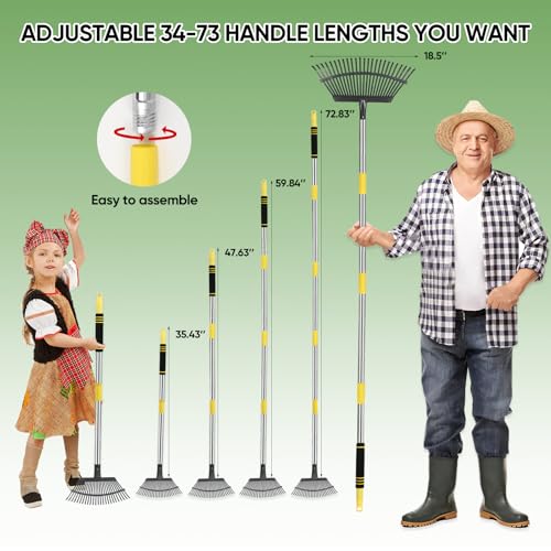 Heavy Duty Garden Rake 6FT Long Leaf Rake for Lawn - style: Stainless steel - Yellow