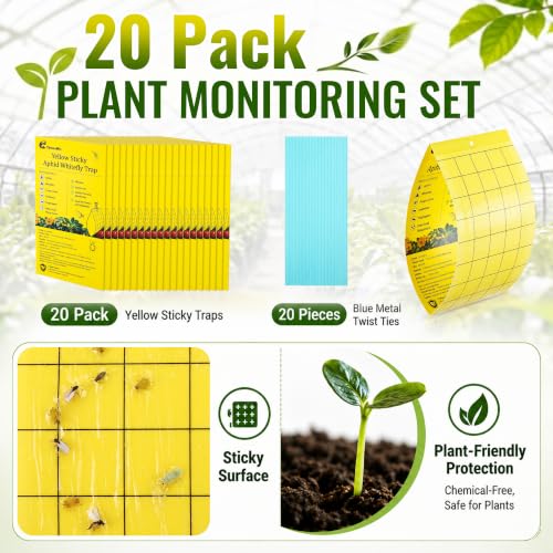 20 Pack Sticky Traps for Plants, No Lure,Whitefly Aphid,Yellow