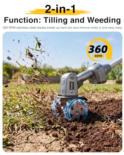 2-in-1 Cordless Tiller Cultivator, 20V Electric Rototiller with Detachable Extension Pole, 2×2.0Ah Battery, Lightweight 4.9 lbs Garden Tiller, 300 RPM for Raised Beds, Lawn, Weeding & Soil Cultivation - size: 4''x4''