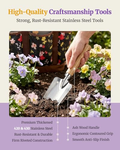 10Pcs Garden Tool Set, Rust-Proof Stainless Steel, Ash Wood Handles, Pink - color: Pink