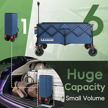 46" L Collapsible Foldable Extended Wagon, 500LB Weight Capacity with 280L Heavy Duty Folding Cart,Utility Wagon with All-Terrain Beach Wheel & Drink Holders,Blue - color: Blue