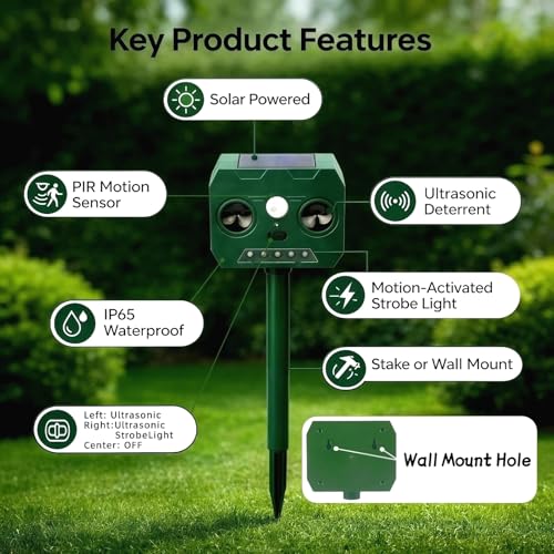 Solar Animal Repeller, PIR Sensor, Flashing Light, IP65 Waterproof, Yard