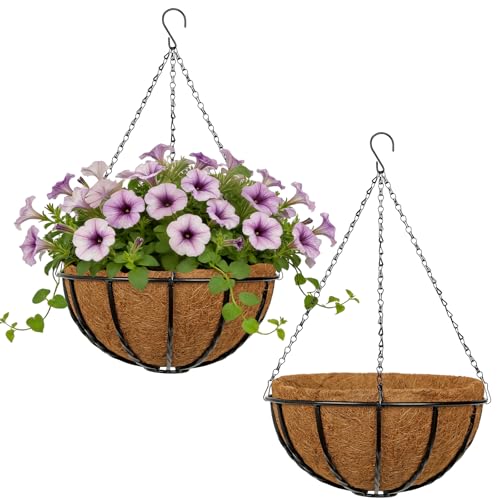14 Inch Metal Hanging Basket with Coco Coir Liner for Flowers Planting - size: Twisted Bar 14" & 2 Pcs