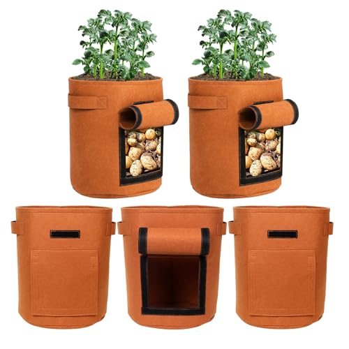 5-Pack 10 Gallon Grow Bags with Harvest Window Thickened 300g Nonwoven Fabric Heavy Duty Plant Pots for Vegetables Potato Tomatoes Carrots Gardening Containers with Reinforced Handles Orange - size: 10GAL-ORG