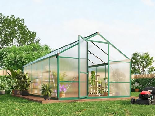 8x12 FT Greenhouse, Easy Assembly Aluminum Polycarbonate Greenhouses for Outdoors with Roof Vent, Large Aluminum Walk-in Greenhouse for Sunroom Patio, Backyard, Garden, Sliding Lockable Door, Green - color: Green, size: 8x12 FT