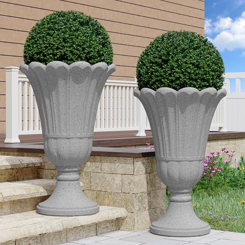 24" Tall Urn Planters Set of 2, Grey Outdoor Planter for Porch - color: Grey-petal