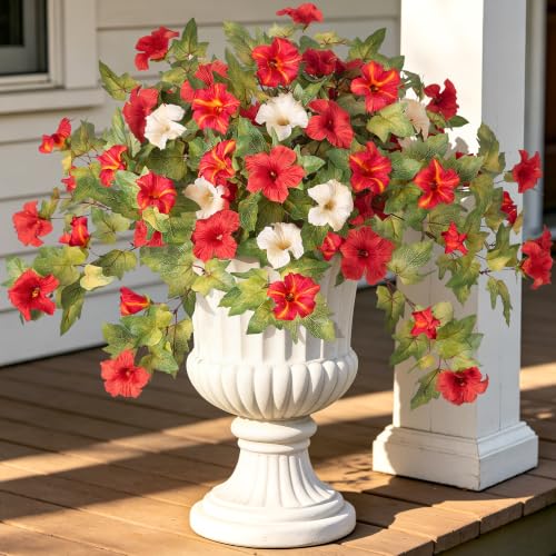 Ammyoo Artificial Fall Flowers Fake Petunias Plants for Outdoor Decoration - color: Orange Gradient-red White