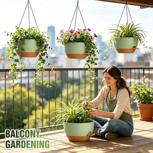 10 Inch Self-Watering Hanging Planters Set of 3 with Saucers - color: Green Brown, size: 10 Inch 3 Pack