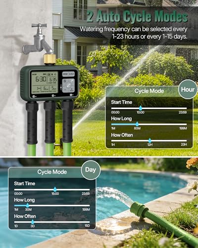 3 Zone Brass Sprinkler Timer, Garden Hose Timer, Automatic Irrigation System, Programmable Faucet, 3 Outlets, with Rain Delay, Manual Mode,Child Lock, for Yard, Garden, Lawn, Green E13WT06