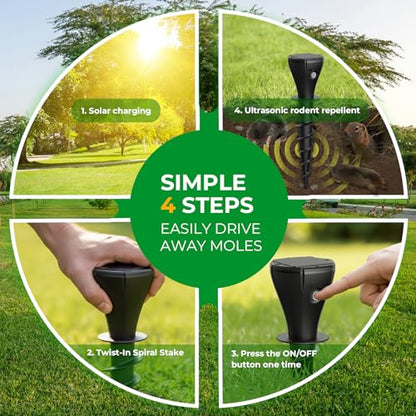 Solar Powered Mole Repellent for Lawns, 8 Pack Ultrasonic Vole Repeller Outdoor, IP 65 Waterproof Outdoor Ultrasonic Mole Deterrent Get Rid of Gopher Vole Skunk Groundhog in Garden Yard