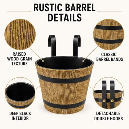 2-Pack Hanging Railing Planters, 7 in Rustic Barrel Flower Pots